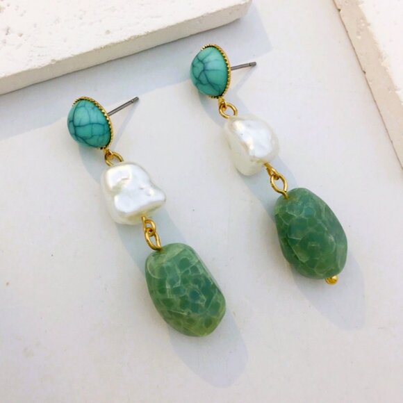 14K Gold Womens Hanging Drop Pearl Turquoise & Jade Earrings 14 K Silver Jewelry - Picture 4 of 5